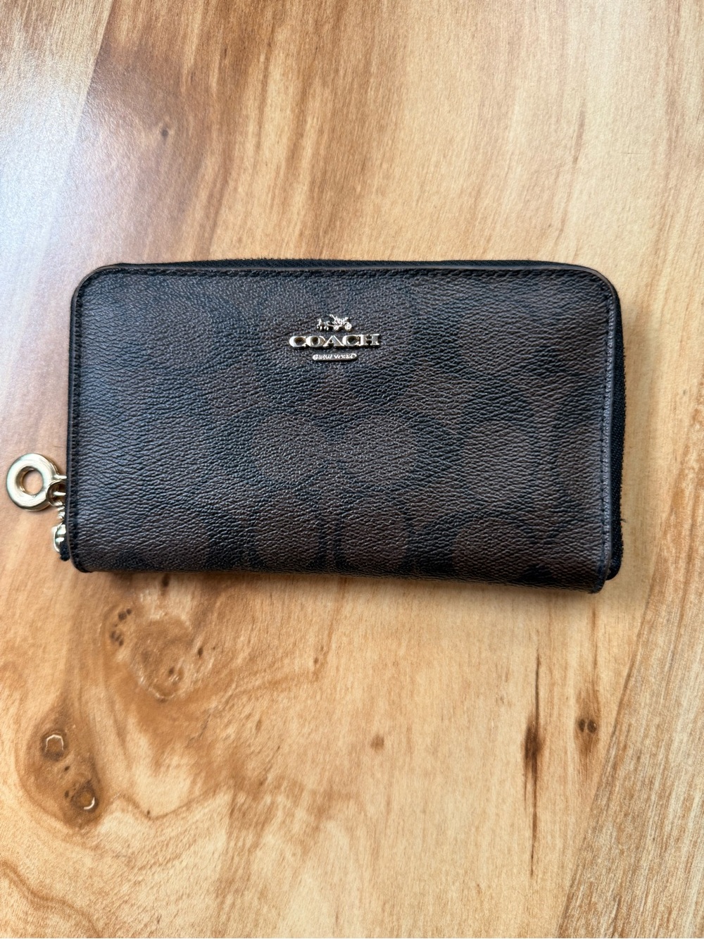 Coach Brown Signature Zip Wallet with Silver Logo